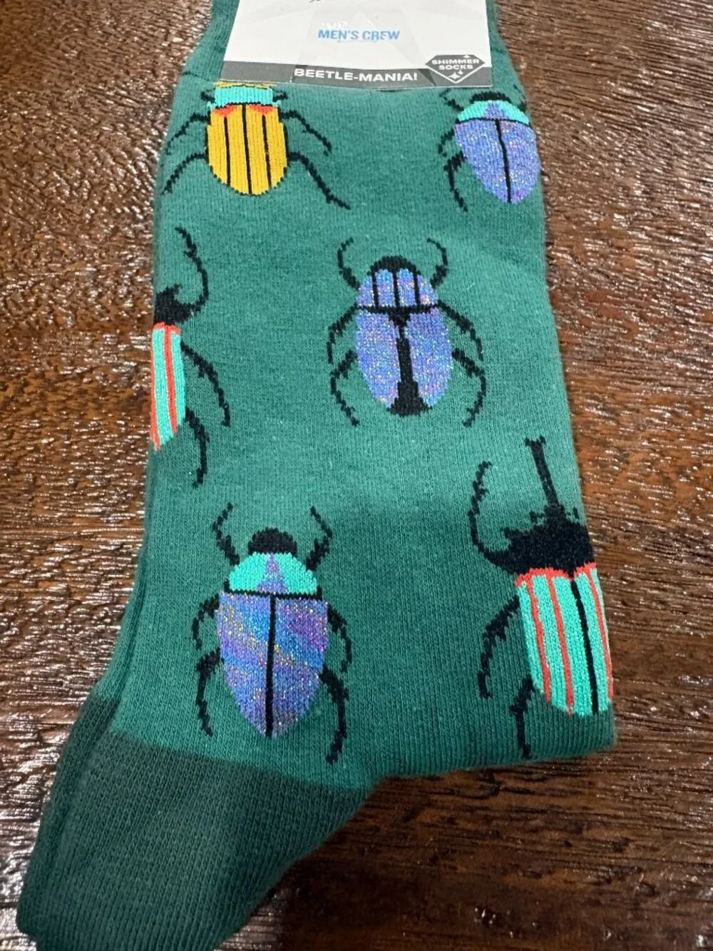 Sock it To Me Beetle Mania Mens Crew Shimmer Socks sz 7-13 Green NEW NWT Bugs